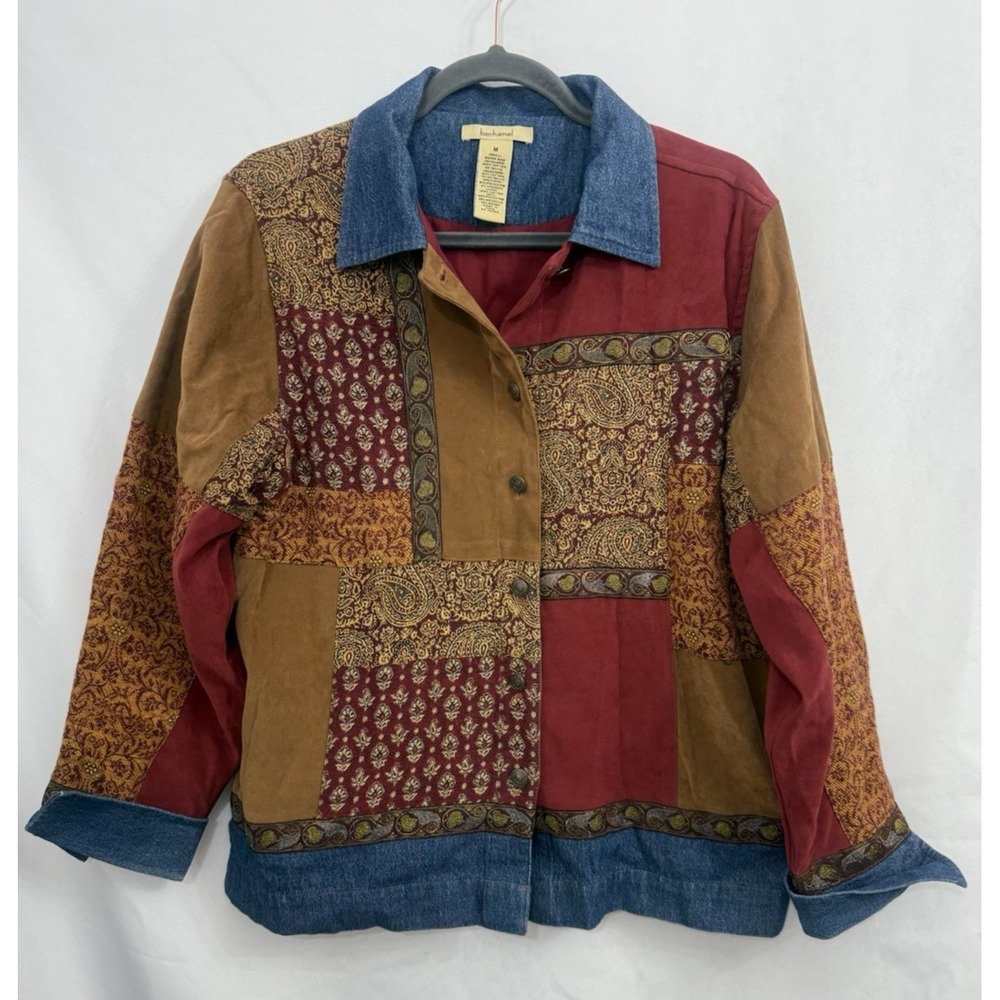 VTG Bechamel Denim Jacquard Patchwork Jacket Womens Size M Boho Grannycore